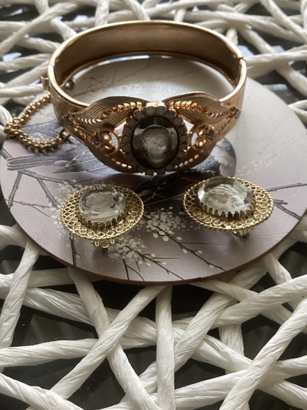Gold-Tone Carved Glass Accent Bracelet and Earrings Set